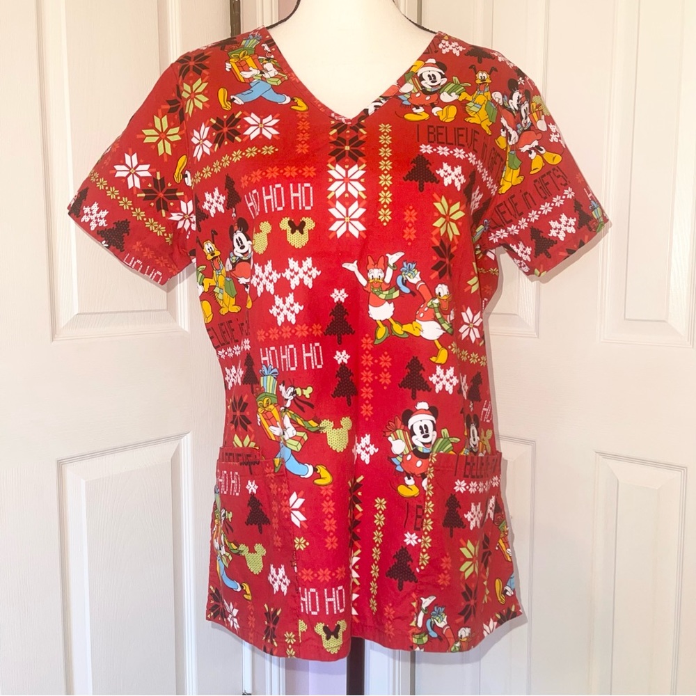 Disney characters Christmas vneck short sleeve smock scrub shirt, size small